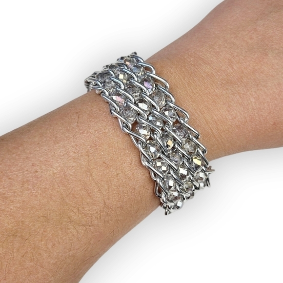 Beaded Wide Chain Bracelet Aurora Borealis AB Silver Tone Curb Chain Retro 7.5" - Picture 1 of 6